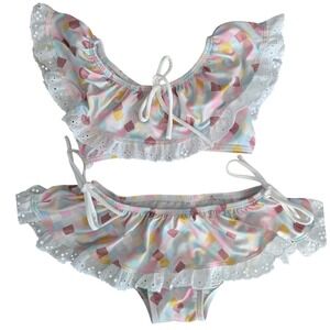 Wildling Girls Pastel Checkered Eyelet Lace Ruffle Two Piece Bikini Swimsuit 3